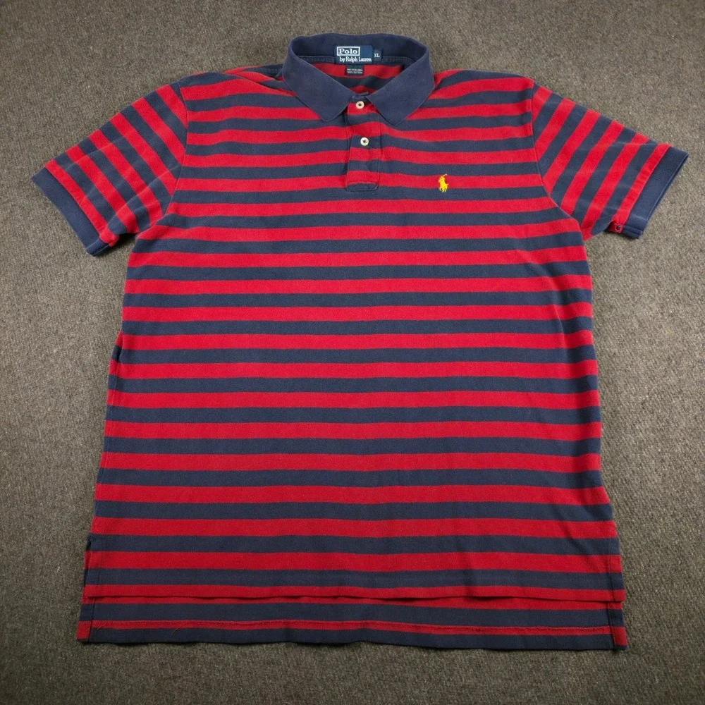 VTG Polo Ralph Lauren Polo Shirt Mens XL Navy Red Striped Pony Classic Fit Pique